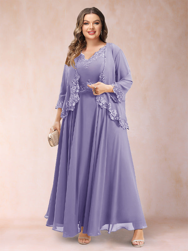 A-Line/Princess V-Neck 3/4 Sleeves 2 Pieces Plus Size Mother of the Bride Dresses with Applique