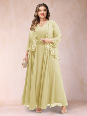A-Line/Princess V-Neck 3/4 Sleeves 2 Pieces Plus Size Mother of the Bride Dresses with Applique