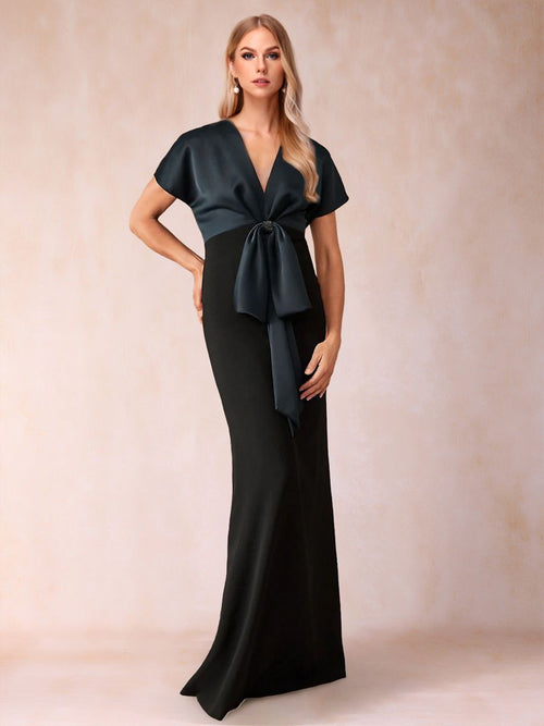 2026 Black Mother of the Bride Dresses Unique Sheath/Column V-Neck Short Sleeves Long Wedding Guest Evening Gowns with Bow Knot 2026 Black Mother of the Bride Dresses Unique Sheath/Column V-Neck Short Sleeves Long Wedding Guest Evening Gowns with Bow Knot