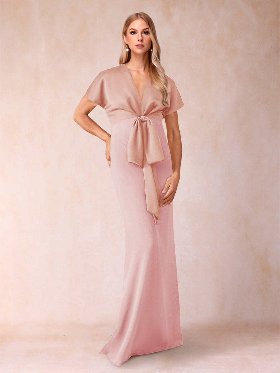 Sheath/Column V-Neck Short Sleeves Mother of the Bride Dresses with Bow Knot