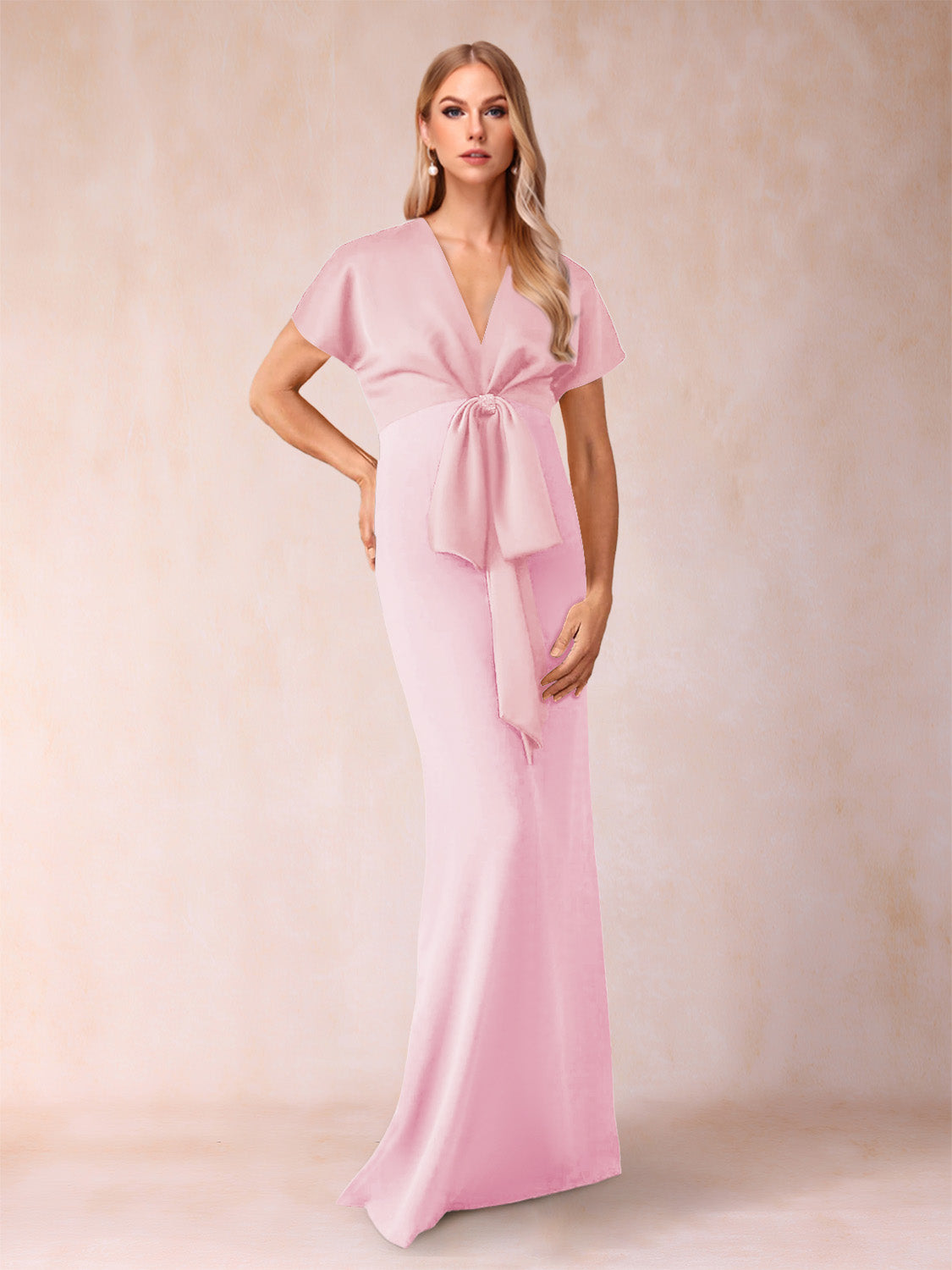 Sheath/Column V-Neck Short Sleeves Mother of the Bride Dresses with Bow Knot