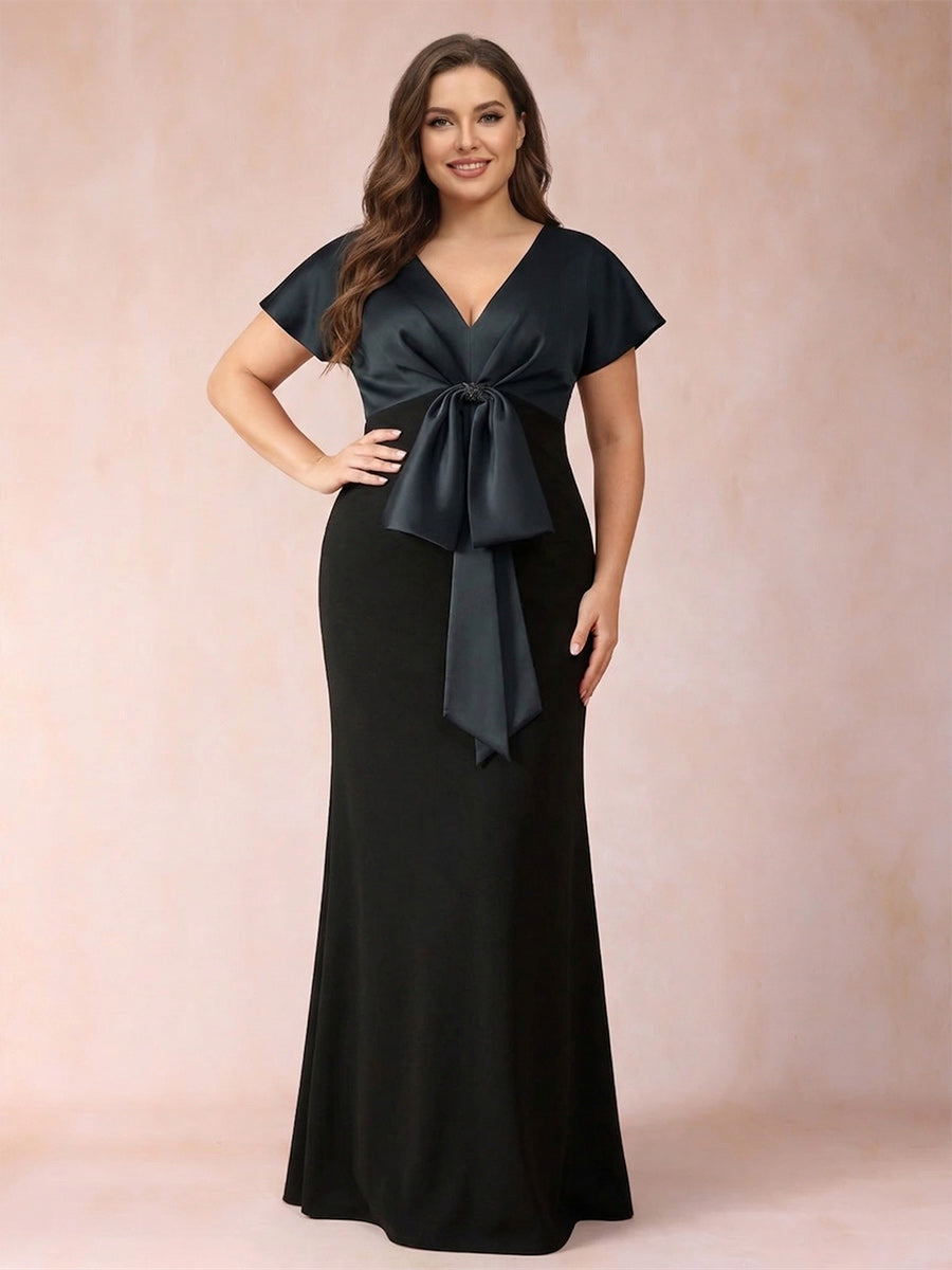 Sheath/Column V-Neck Short Sleeves Plus Size Mother of the Bride Dresses with Bow Knot