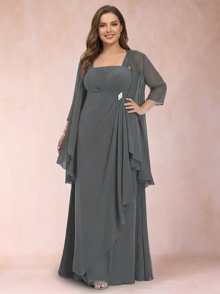A-Line/Princess Scoop 3/4 Sleeves 2 Pieces Plus Size Mother of the Bride Dresses with Rhinestone