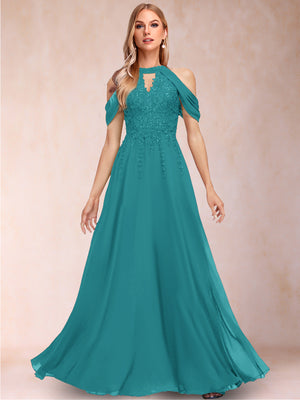 A-Line/Princess Cold Shoulder Short Sleeves Mother of the Bride Dresses with Applique