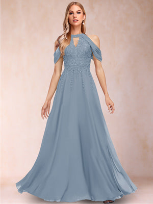 A-Line/Princess Cold Shoulder Short Sleeves Mother of the Bride Dresses with Applique