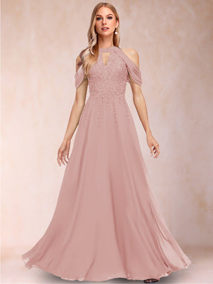 A-Line/Princess Cold Shoulder Short Sleeves Mother of the Bride Dresses with Applique