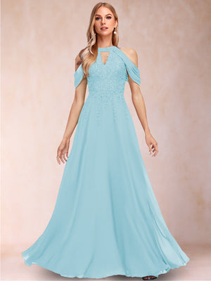 A-Line/Princess Cold Shoulder Short Sleeves Mother of the Bride Dresses with Applique