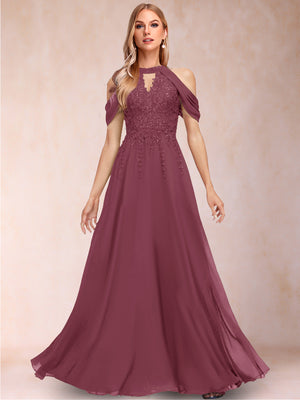 A-Line/Princess Cold Shoulder Short Sleeves Mother of the Bride Dresses with Applique