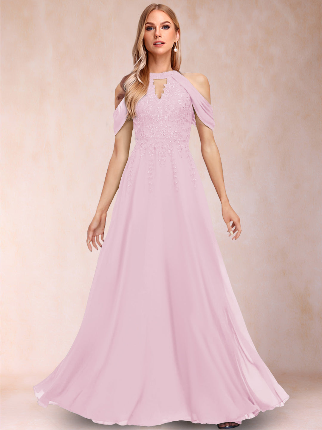 A-Line/Princess Cold Shoulder Short Sleeves Mother of the Bride Dresses with Applique