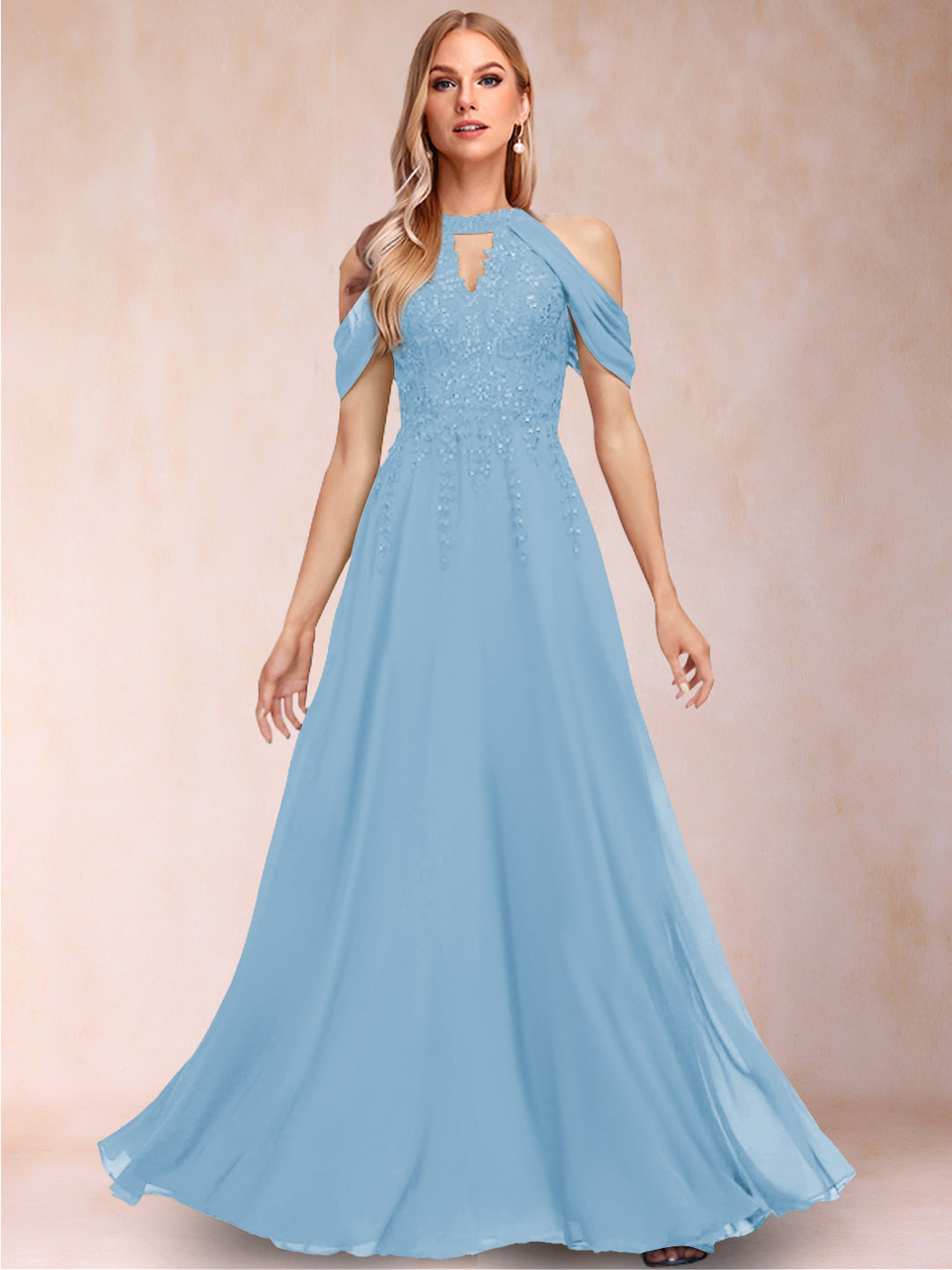 A-Line/Princess Cold Shoulder Short Sleeves Mother of the Bride Dresses with Applique