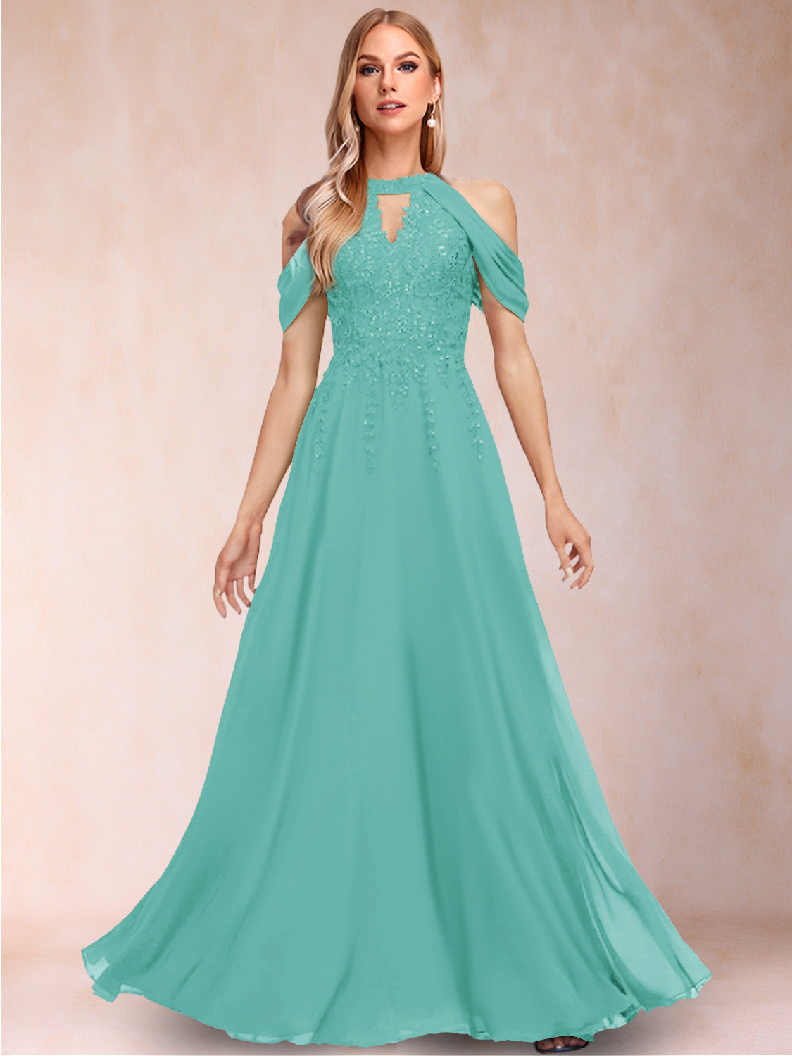 A-Line/Princess Cold Shoulder Short Sleeves Mother of the Bride Dresses with Applique