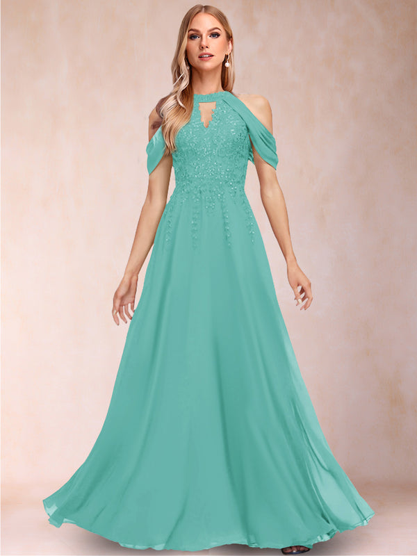 A-Line/Princess Cold Shoulder Short Sleeves Mother of the Bride Dresses with Applique