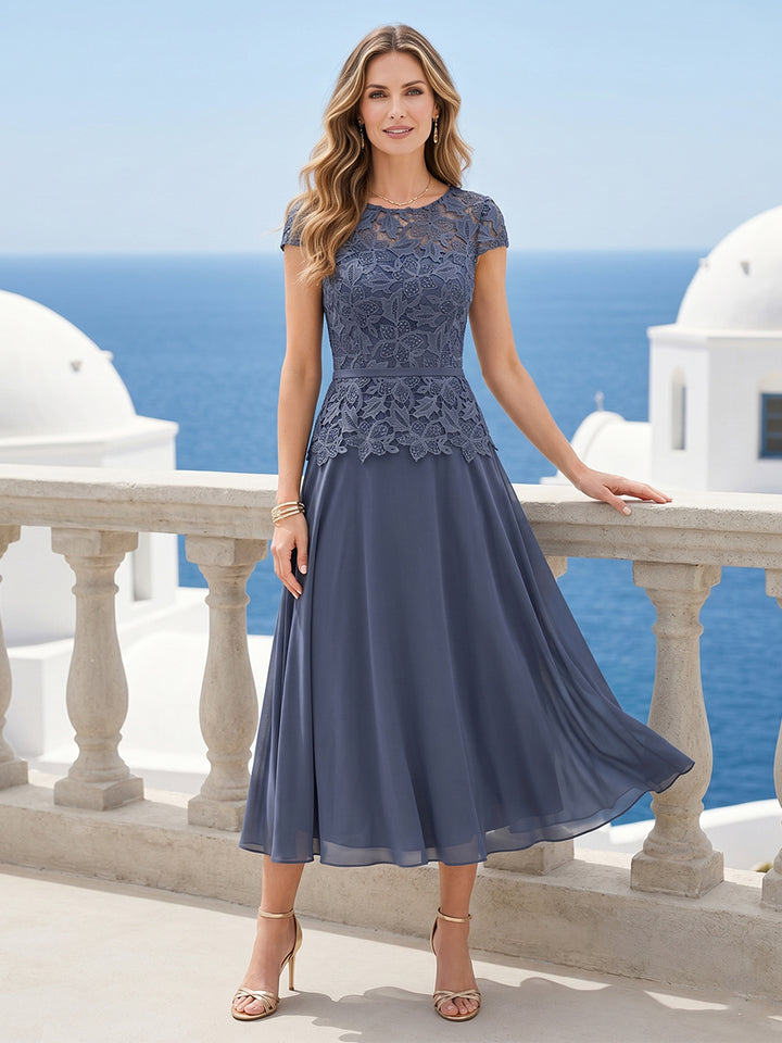 A-Line/Princess Chiffon Scoop Short Sleeves Mother of the Bride Dresses with Applique