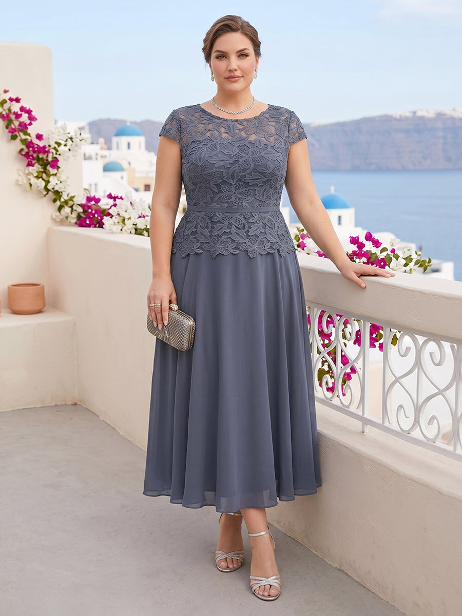 A-Line/Princess Chiffon Scoop Short Sleeves Plus Size Mother of the Bride Dresses with Applique