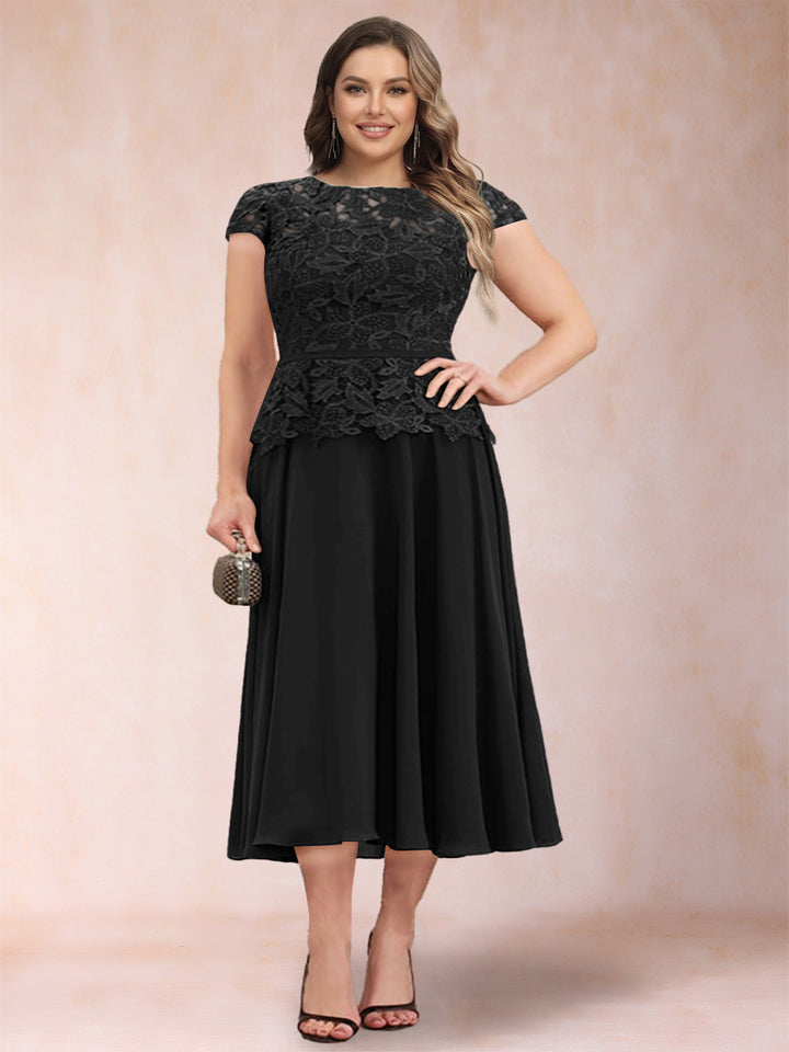A-Line/Princess Chiffon Scoop Short Sleeves Plus Size Mother of the Bride Dresses with Applique
