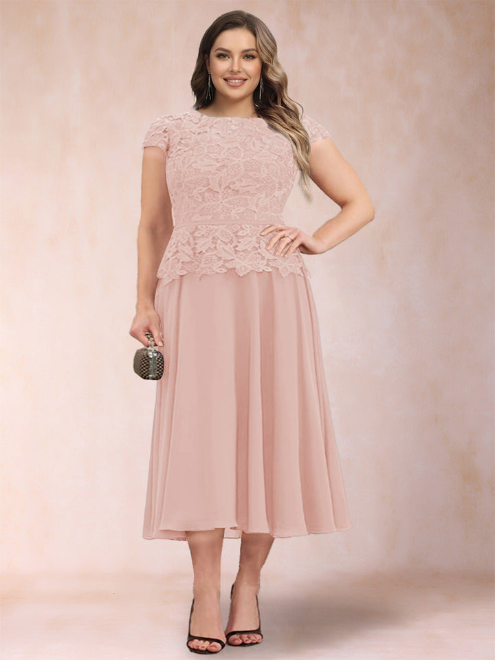 A-Line/Princess Chiffon Scoop Short Sleeves Plus Size Mother of the Bride Dresses with Applique