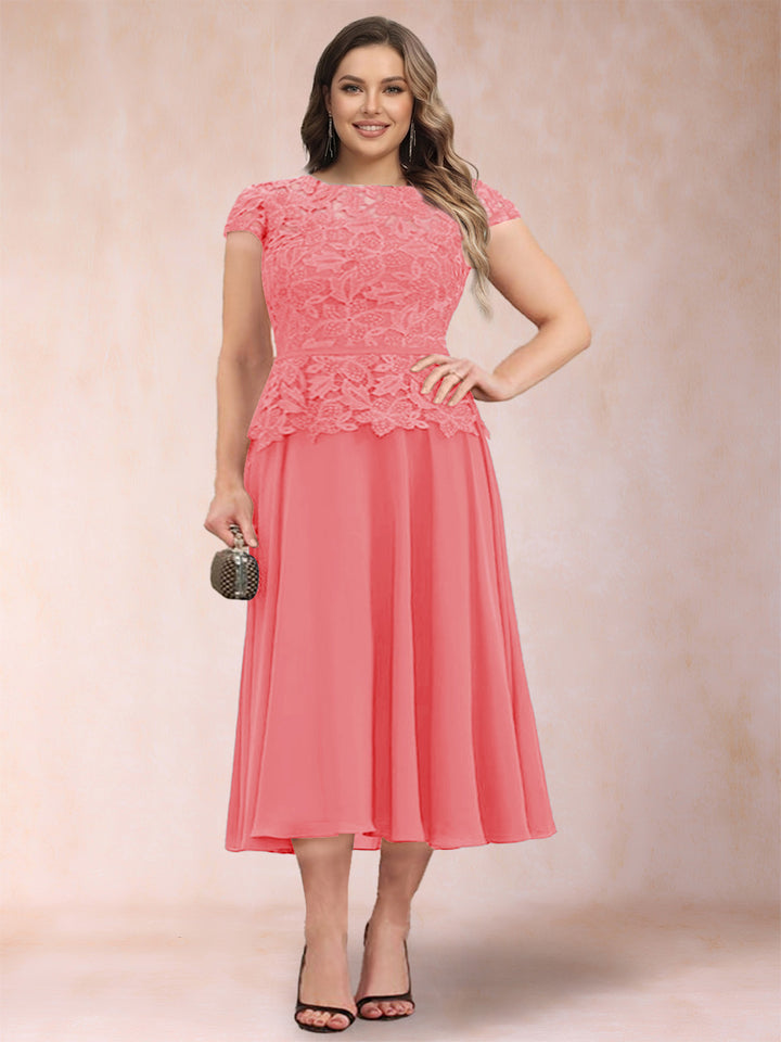 A-Line/Princess Chiffon Scoop Short Sleeves Plus Size Mother of the Bride Dresses with Applique