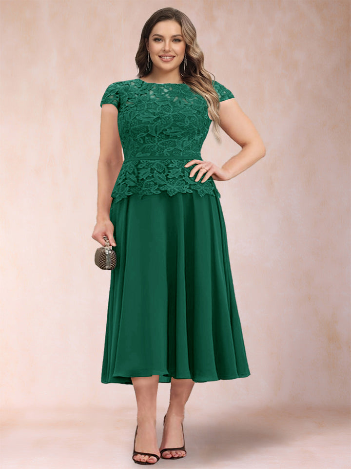 A-Line/Princess Chiffon Scoop Short Sleeves Plus Size Mother of the Bride Dresses with Applique