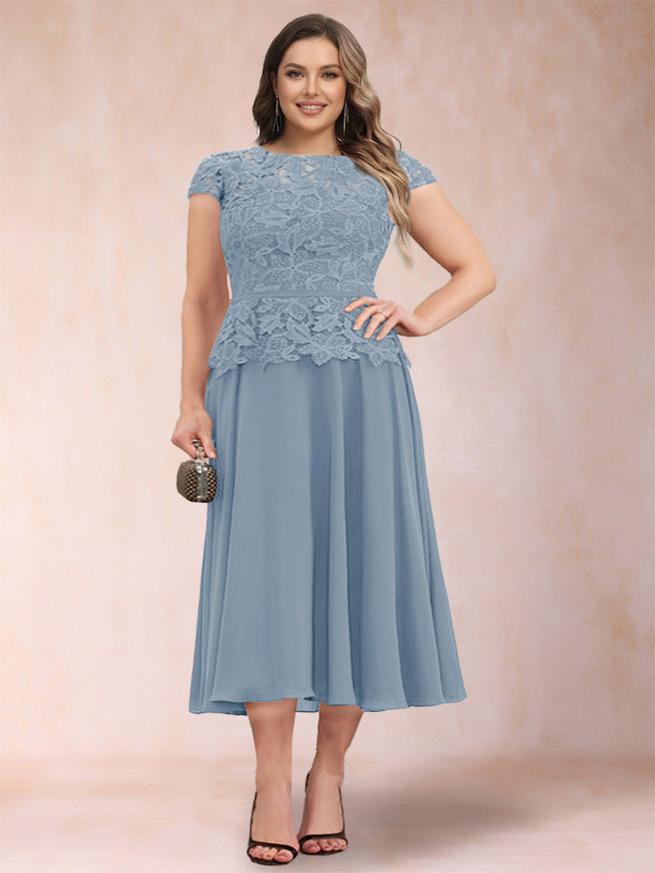 A-Line/Princess Chiffon Scoop Short Sleeves Plus Size Mother of the Bride Dresses with Applique