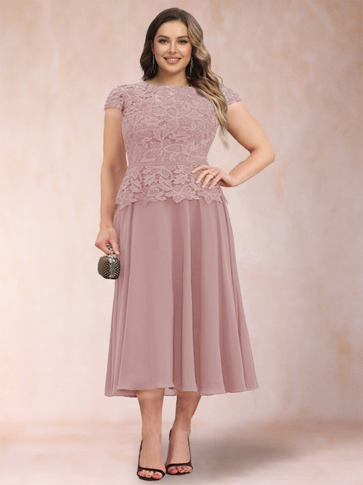 A-Line/Princess Chiffon Scoop Short Sleeves Plus Size Mother of the Bride Dresses with Applique