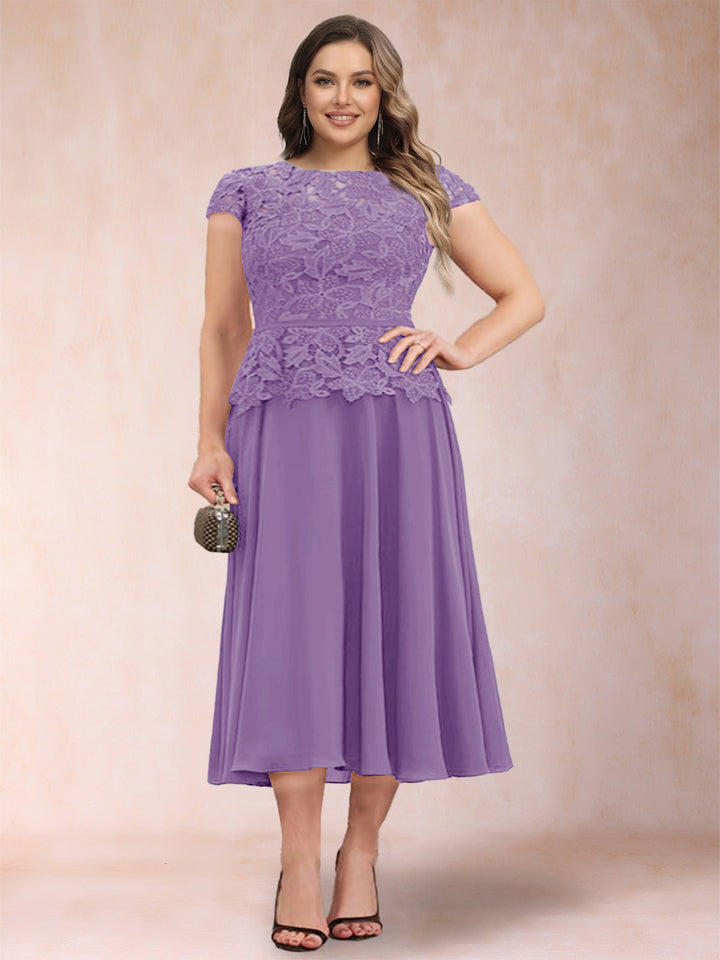 A-Line/Princess Chiffon Scoop Short Sleeves Plus Size Mother of the Bride Dresses with Applique