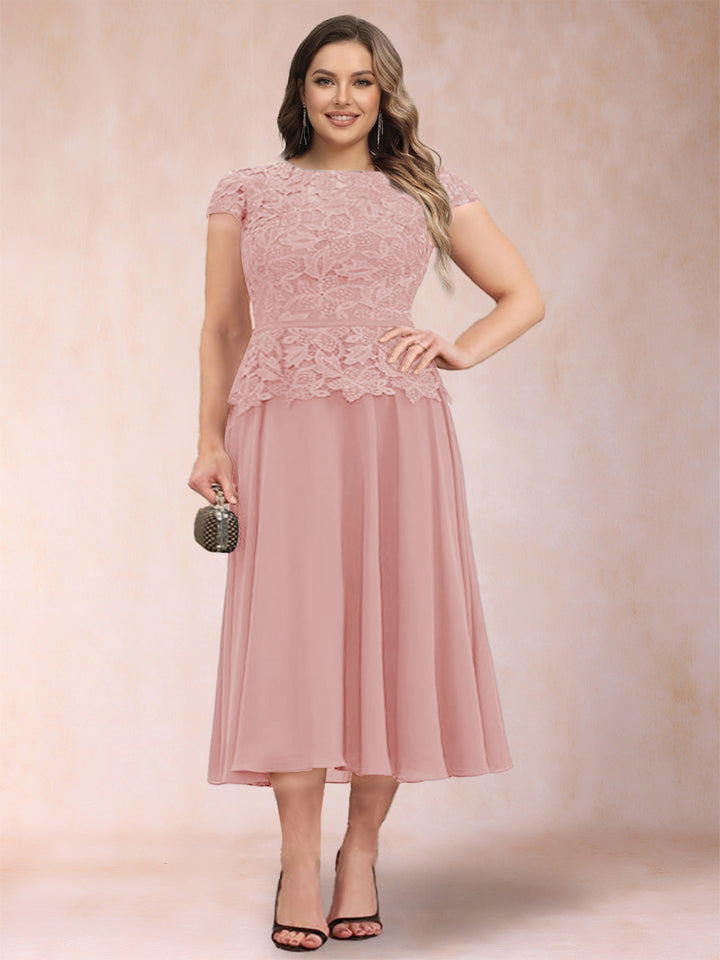 A-Line/Princess Chiffon Scoop Short Sleeves Plus Size Mother of the Bride Dresses with Applique