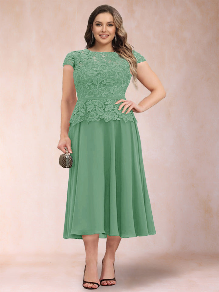 A-Line/Princess Chiffon Scoop Short Sleeves Plus Size Mother of the Bride Dresses with Applique