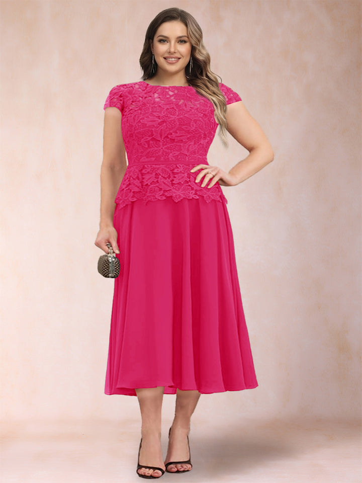 A-Line/Princess Chiffon Scoop Short Sleeves Plus Size Mother of the Bride Dresses with Applique