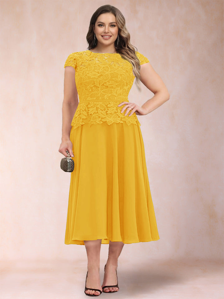 A-Line/Princess Chiffon Scoop Short Sleeves Plus Size Mother of the Bride Dresses with Applique