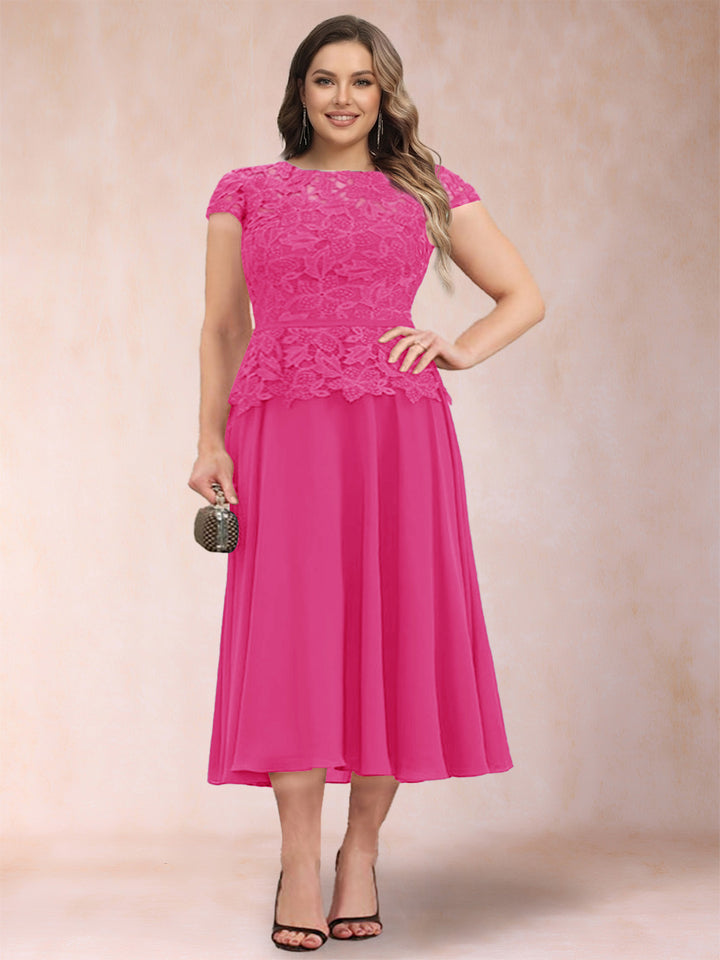 A-Line/Princess Chiffon Scoop Short Sleeves Plus Size Mother of the Bride Dresses with Applique