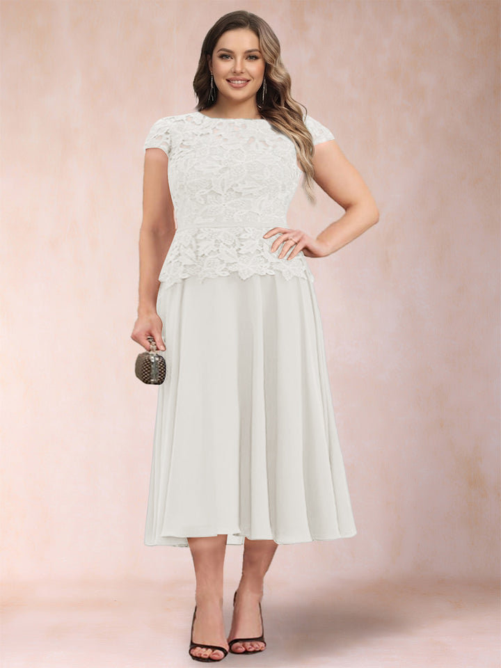 A-Line/Princess Chiffon Scoop Short Sleeves Plus Size Mother of the Bride Dresses with Applique