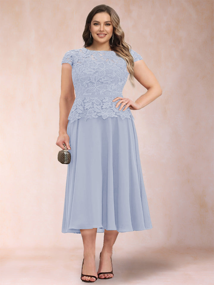 A-Line/Princess Chiffon Scoop Short Sleeves Plus Size Mother of the Bride Dresses with Applique