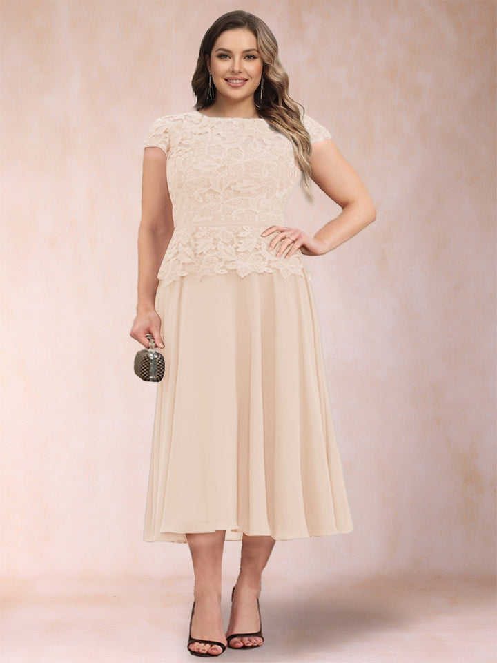 A-Line/Princess Chiffon Scoop Short Sleeves Plus Size Mother of the Bride Dresses with Applique