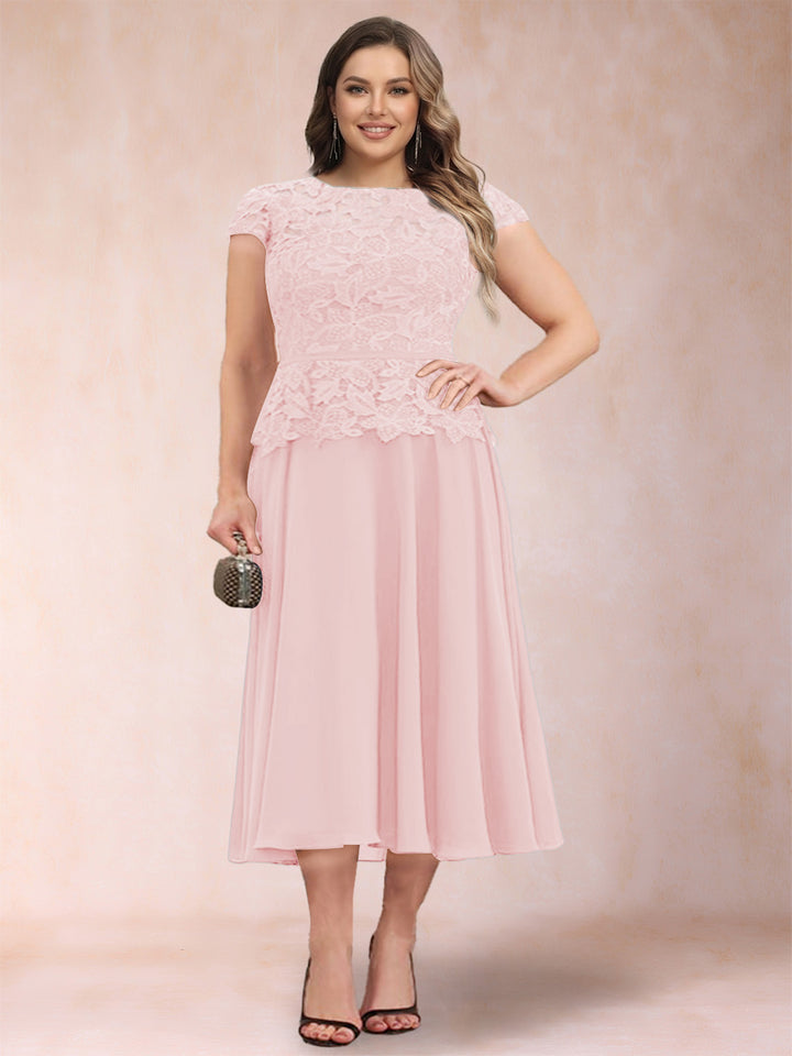 A-Line/Princess Chiffon Scoop Short Sleeves Plus Size Mother of the Bride Dresses with Applique