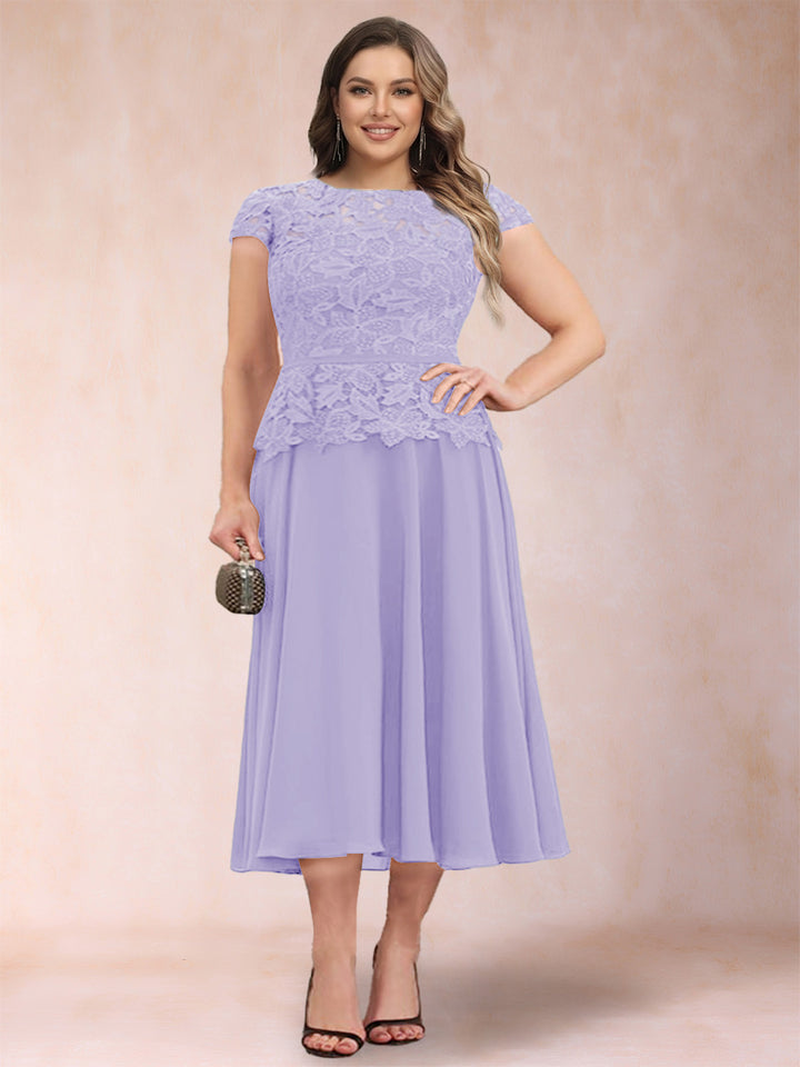 A-Line/Princess Chiffon Scoop Short Sleeves Plus Size Mother of the Bride Dresses with Applique