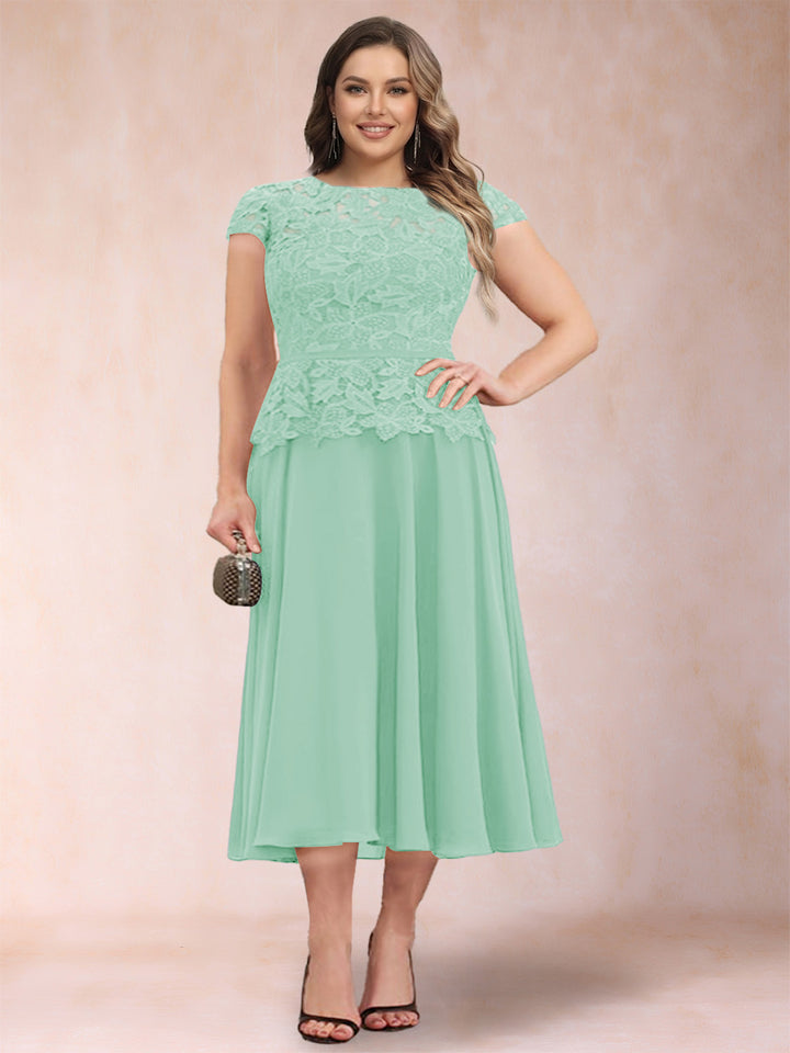 A-Line/Princess Chiffon Scoop Short Sleeves Plus Size Mother of the Bride Dresses with Applique