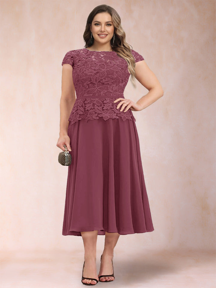 A-Line/Princess Chiffon Scoop Short Sleeves Plus Size Mother of the Bride Dresses with Applique