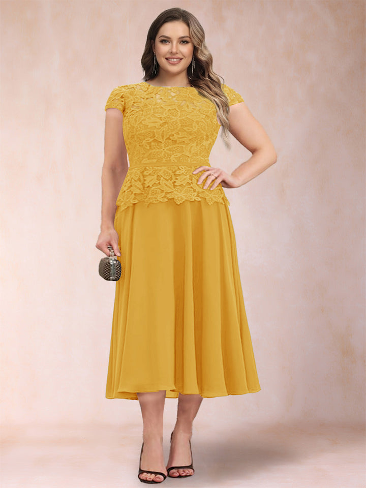 A-Line/Princess Chiffon Scoop Short Sleeves Plus Size Mother of the Bride Dresses with Applique