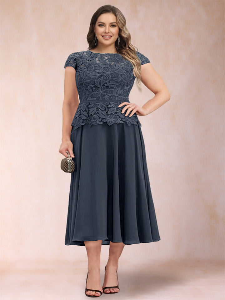 A-Line/Princess Chiffon Scoop Short Sleeves Plus Size Mother of the Bride Dresses with Applique