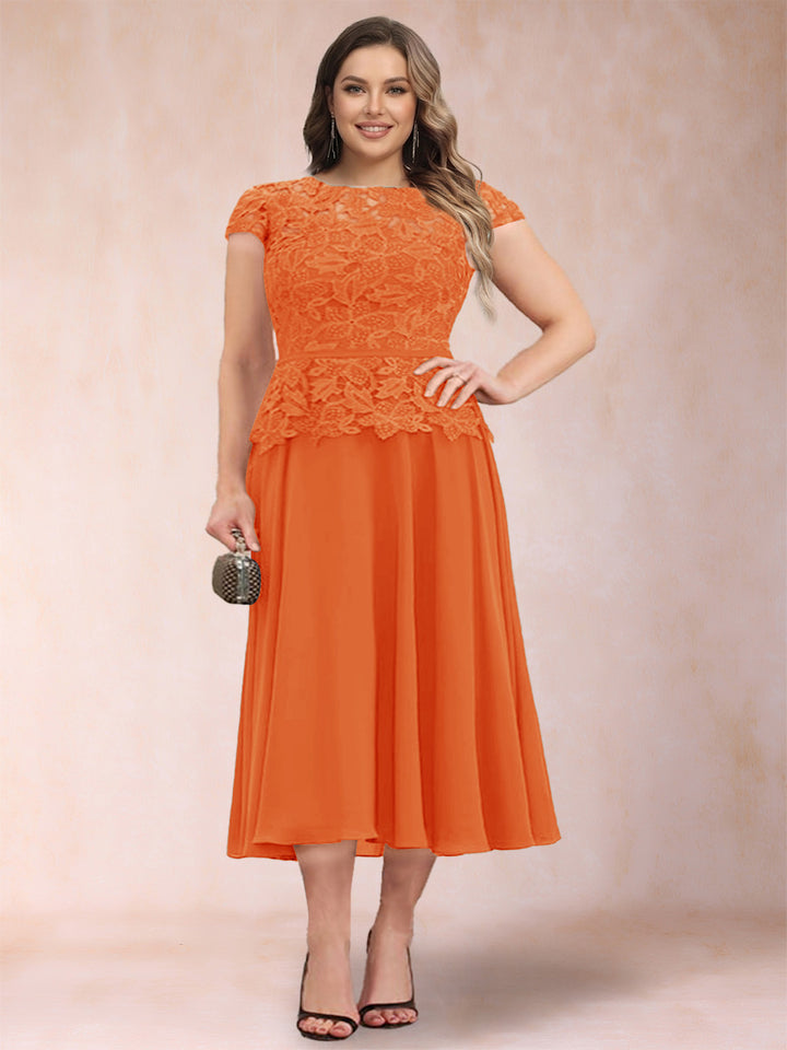 A-Line/Princess Chiffon Scoop Short Sleeves Plus Size Mother of the Bride Dresses with Applique