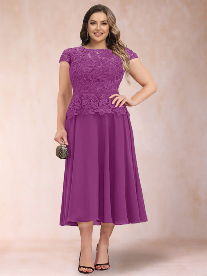 A-Line/Princess Chiffon Scoop Short Sleeves Plus Size Mother of the Bride Dresses with Applique