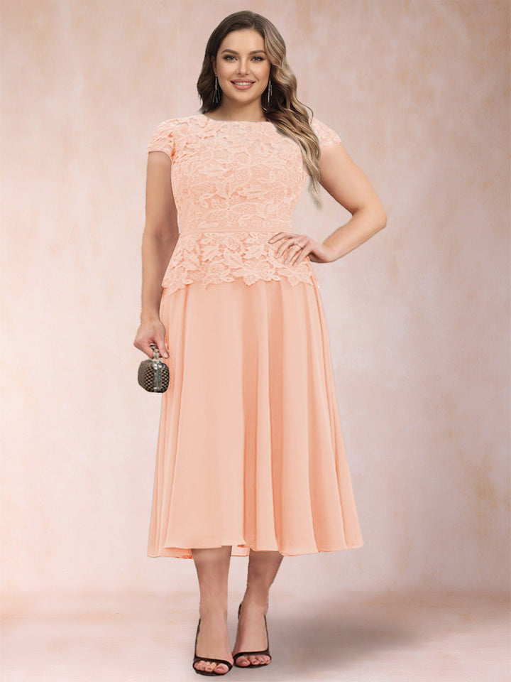 A-Line/Princess Chiffon Scoop Short Sleeves Plus Size Mother of the Bride Dresses with Applique