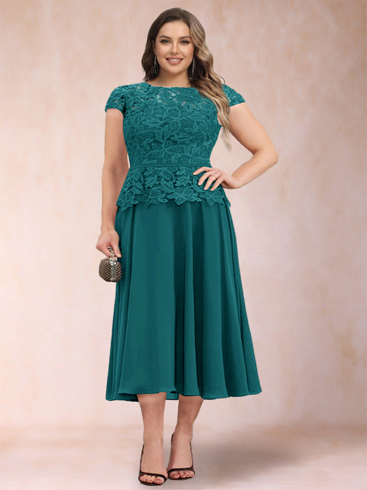 A-Line/Princess Chiffon Scoop Short Sleeves Plus Size Mother of the Bride Dresses with Applique