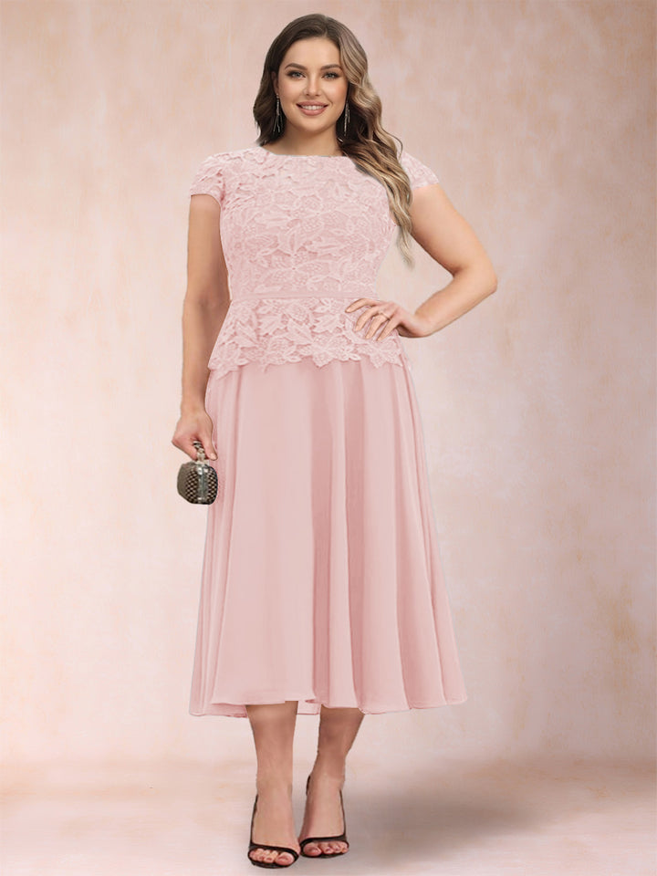 A-Line/Princess Chiffon Scoop Short Sleeves Plus Size Mother of the Bride Dresses with Applique