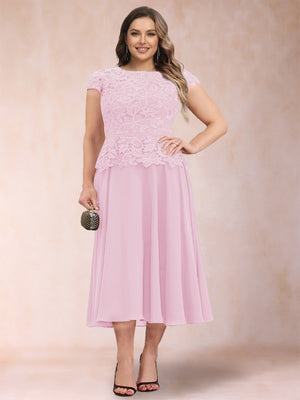 A-Line/Princess Chiffon Scoop Short Sleeves Plus Size Mother of the Bride Dresses with Applique