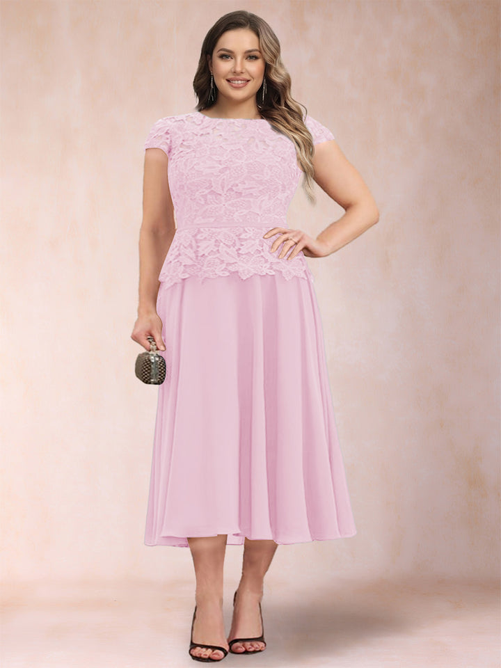 A-Line/Princess Chiffon Scoop Short Sleeves Plus Size Mother of the Bride Dresses with Applique