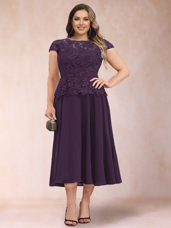 A-Line/Princess Chiffon Scoop Short Sleeves Plus Size Mother of the Bride Dresses with Applique