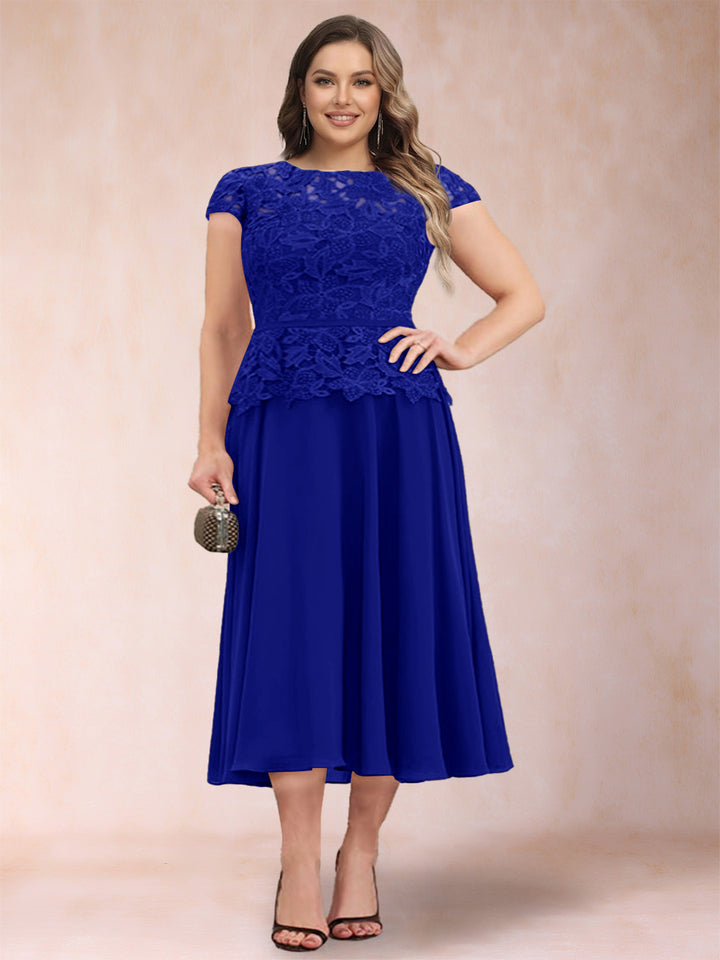 A-Line/Princess Chiffon Scoop Short Sleeves Plus Size Mother of the Bride Dresses with Applique