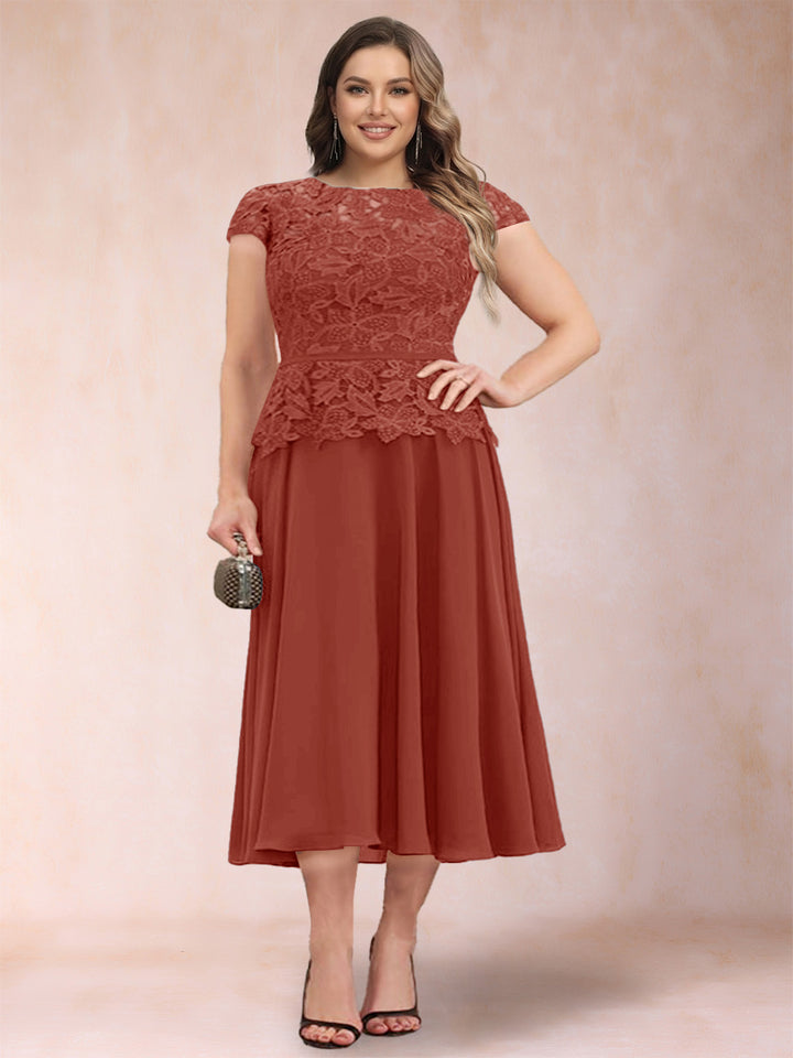 A-Line/Princess Chiffon Scoop Short Sleeves Plus Size Mother of the Bride Dresses with Applique