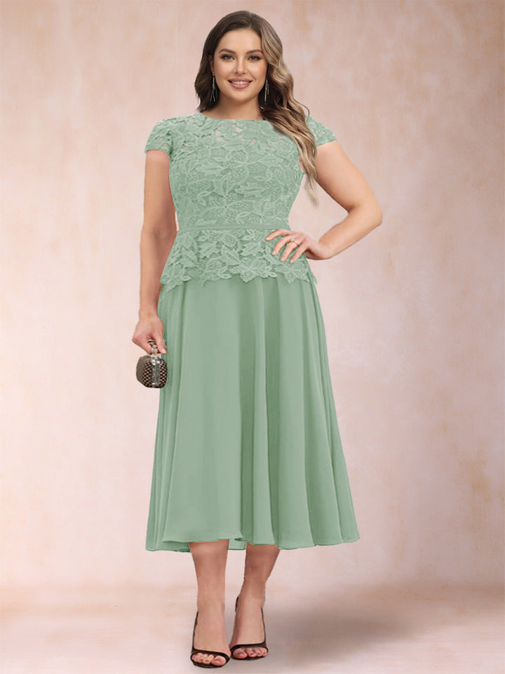 A-Line/Princess Chiffon Scoop Short Sleeves Plus Size Mother of the Bride Dresses with Applique